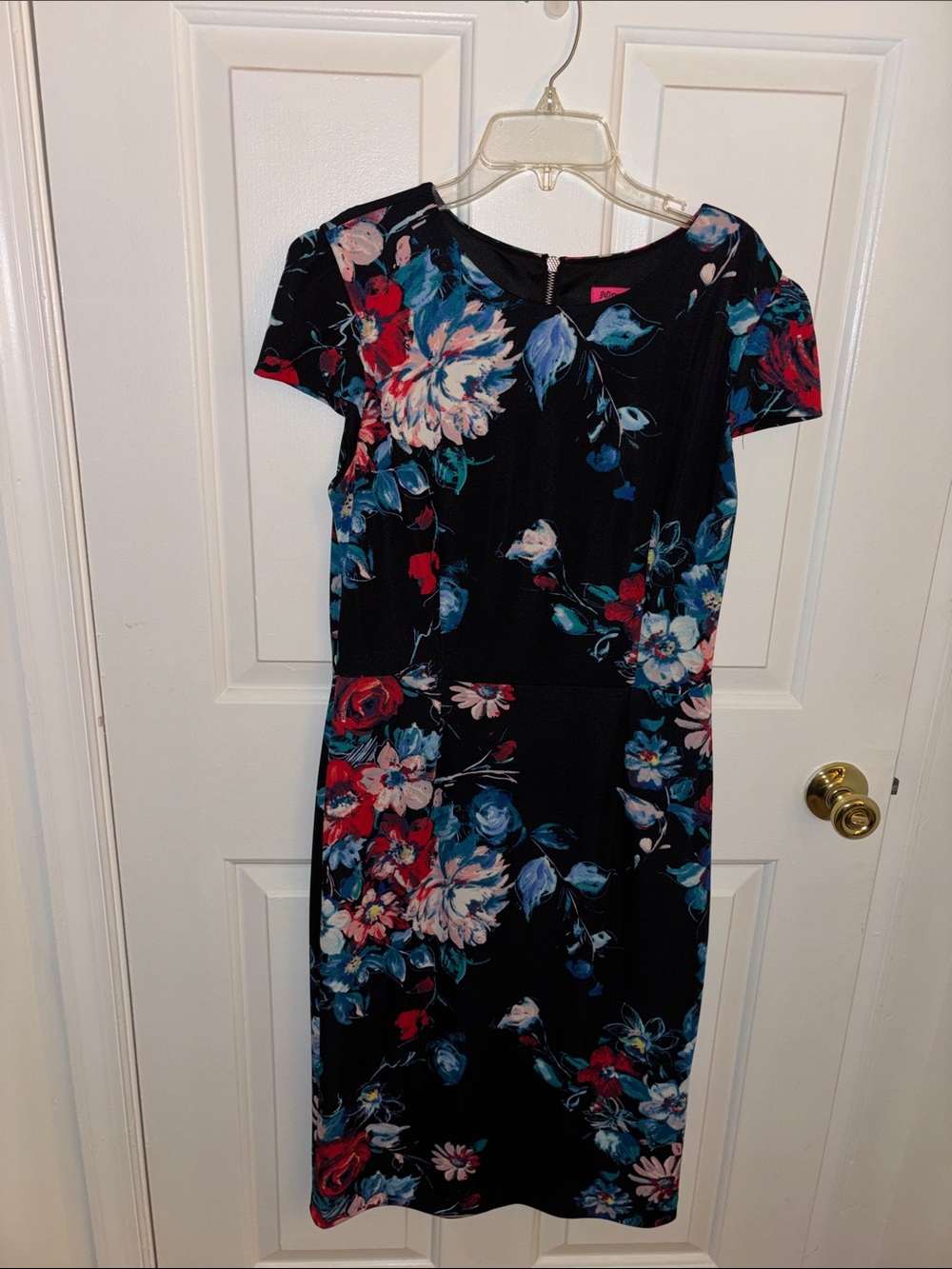Betsey Johnson Black Midi Dress with Blue and Red Floral Pattern